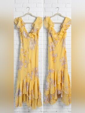 ASOS, frill sleeve maxi dress with fishtail hem in yellow floral print
